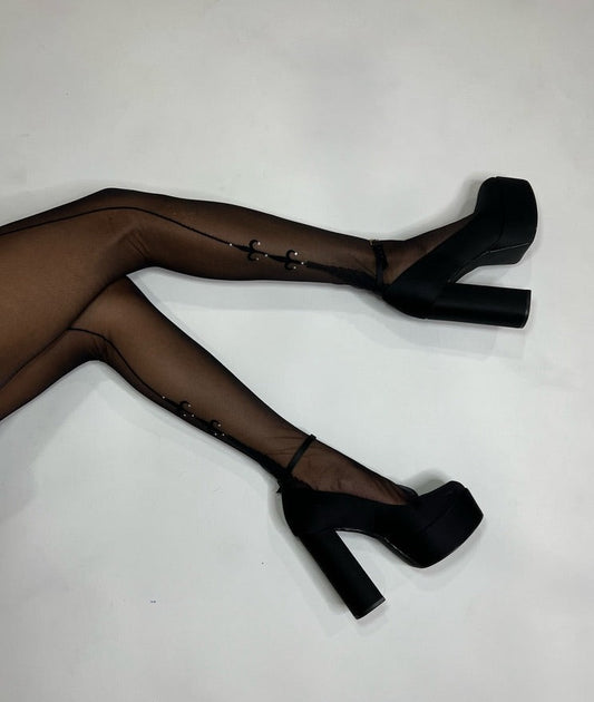 Sheer Black Pattern Stockings-Size M